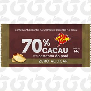Tablete de Cacau 70% Com Castanha do Pará Zero Açúcar 14 Gramas Doce Vida cx com 36