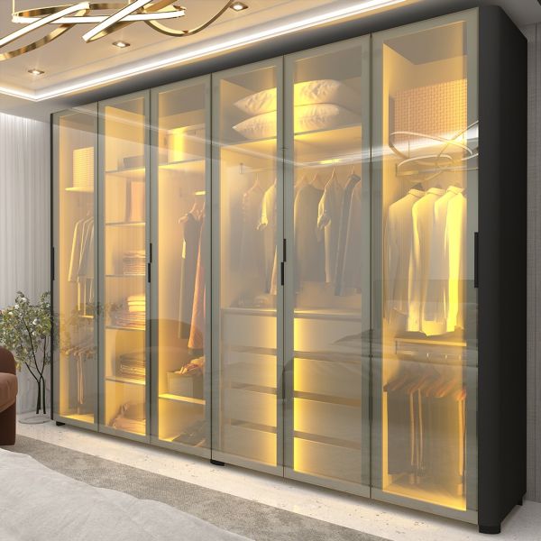 0752840 Roupeiro Innova 6 Portas de Vidro Reflecta com LED e Pes Preto Acetinado Gelius
