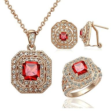 Glam Luxe Mysterious Red Crystal Jewelry 18K Gold Plated Ruby Zirconia Necklaces Earrings Ring Set #