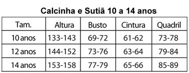 Tabela de Tamanhos 10 a 14 Anos
