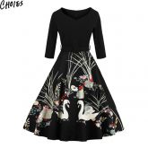 Vestido Outono Casual Vintage Cisne Preto Elegante
