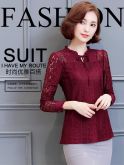 Blusa Casual Luxo Outono Com Laço Chiffon Manga Longa Renda