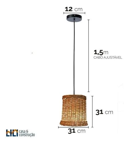 2 Luminárias Pendente Vime Natural Fibra Redonda Detalhe