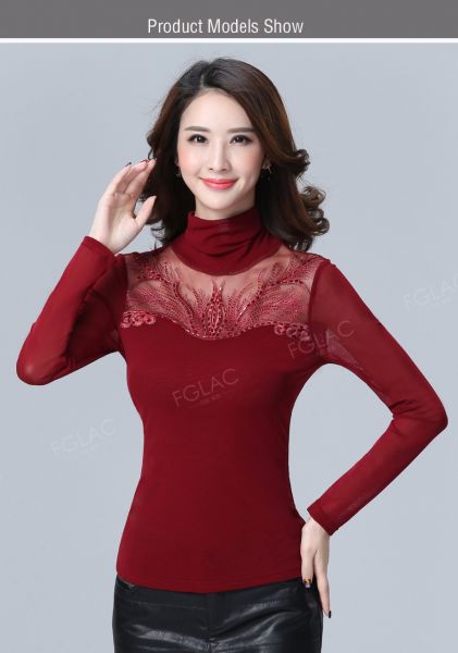 Blusa Feminina Casual Primavera Manga Longa Renda Fasshion