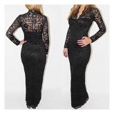 Sexy Magro decote em V manga comprida vestido de renda das mulheres #01412492