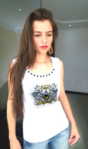 Camiseta Regata Feminina Factory - Bordado c/ Pedras