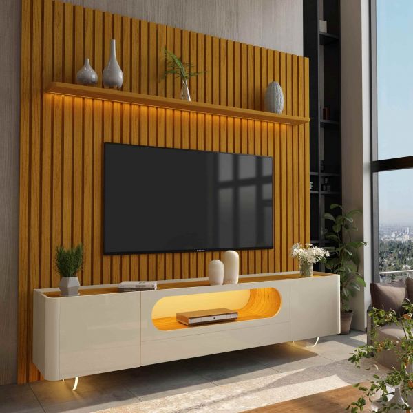 0551873 Conjunto Painel Nobre 230 Naturale com Rack Nobre 210 Off White.Naturale LED e Pes Vidro Gel