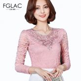 Blusa Feminina Casual Outono Manga Longa Renda Diamantes
