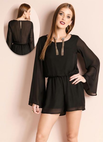 Macaquinho Mangas Sino com Transparência Preto