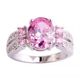 Joia Anel De Luxo Banhado A Prata Rosa De Cristal Elegante