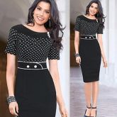 Women's Round Collar Polka Dots Splicing Pencil Dress #02228787