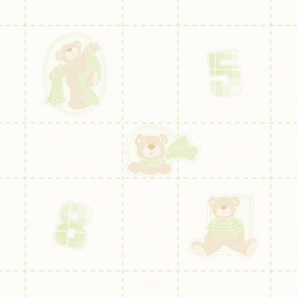 Papel de Parede Bambino's Bobinex (Nacional)  Xadrez com Ursinhos (Tons de Verde/ Tons de Bege) 3330