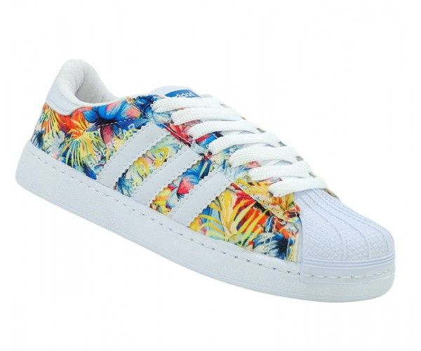 Tênis Adidas Superstar Branco e Floral Azul (Nacional)