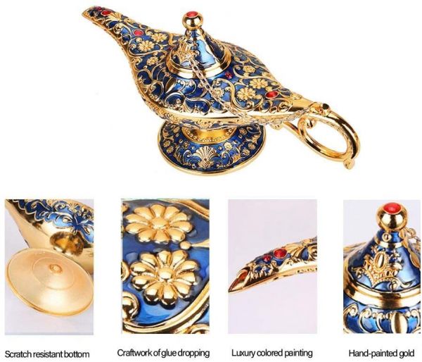 Lâmpada de Aladim - Metal Dourado e Azul - Gênio Aladdin + Chave Pingente - 21cm
