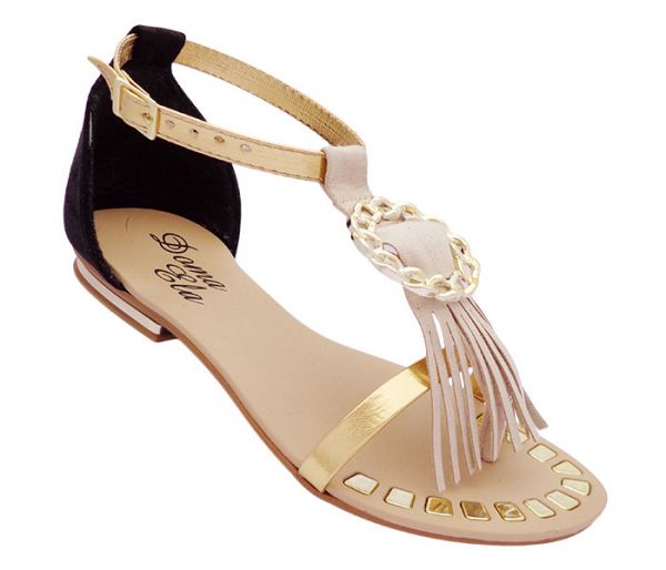 Sandálias Doma Ela Preta e Creme Franja