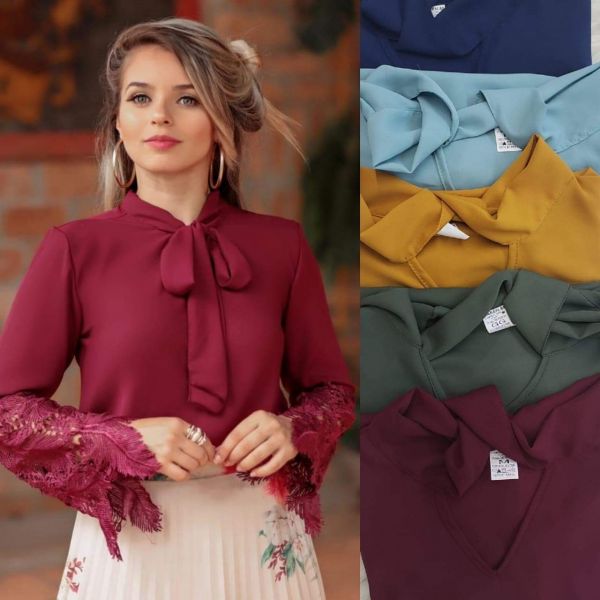 Blusa de crepe de seda bordada mamga longa vinho M