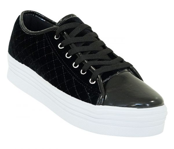 Tênis Feminino Plataforma Aveludado Verniz Preto