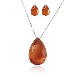 Conjunto Gota Grande Folheado Ródio com Calcedônia Grey Laranja