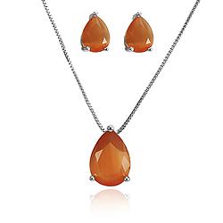 Conjunto Gota Pequena Folheado Ródio com Calcedônia Grey Laranja