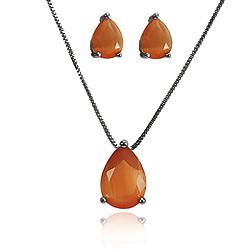 Conjunto Gota Pequena Folheado Ródio Negro com Calcedônia Grey Laranja