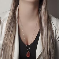 Conjunto Gota Grande Folheado Ródio com Calcedônia Grey Laranja