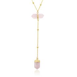 Colar Gravata Coleção Rústica Folheado Ouro 18K com Pedra Natural Quartzo Rosa