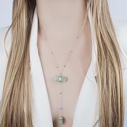 Colar Gravata Coleção Rústica Folheado Ródio com Pedra Natural Quartzo Verde