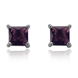 Brinco Quadrado Grande Folheado Ródio Negro com Cristal Roxo