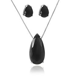 Conjunto Gota Folheado Ródio com Calcedônia Grey Negra