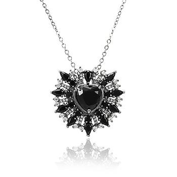 Colar Folheado Ródio Negro com Coração Cristal Negro e Micro Zircônia Cristal