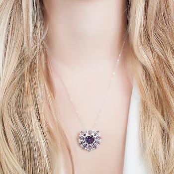 Colar Folheado Ródio com Coração Cristal Ametista e Micro Zircônia Cristal