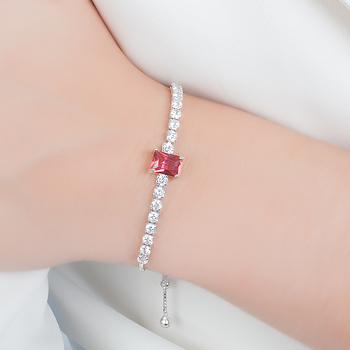 Pulseira Riviera Folheada Ródio com Cristal Retangular Pink e Zircônia Cristal