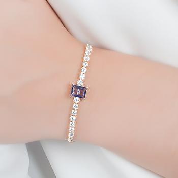 Pulseira Riviera Folheada Ouro 18K com Cristal Retangular Ametista e Zircônia Cristal