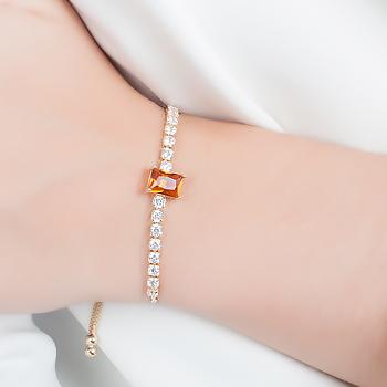 Pulseira Riviera Folheada Ouro 18K com Cristal Retangular Morganita e Zircônia Cristal