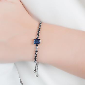 Pulseira Riviera Folheada Ródio Negro com Cristal Retangular Azul Marinho e Zircônia Negra
