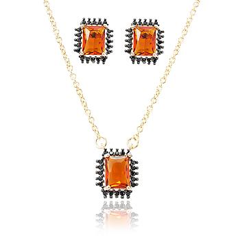 Conjunto Folheado Ouro 18K com Cristal Retangular Morganita e Micro Zircônia Negra