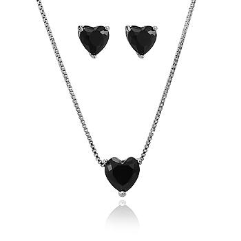 Conjunto Coração Folheado Ródio Negro com Cristal Negro