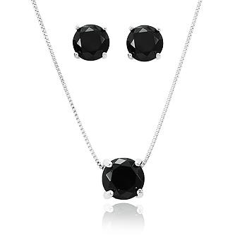 Conjunto Redondo Folheado Ródio com Cristal Negro