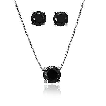 Conjunto Redondo Folheado Ródio Negro com Cristal Negro