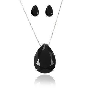 Conjunto Gota Grande Folheado Ródio com Cristal Negro