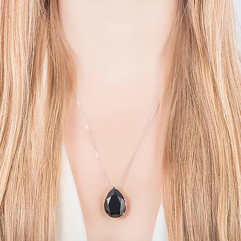 Conjunto Gota Grande Folheado Ródio com Cristal Negro