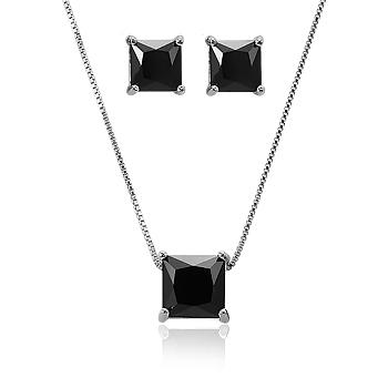 Conjunto Quadrado Folheado Ródio Negro com Cristal Negro