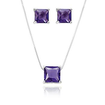 Conjunto Quadrado Folheado Ródio com Cristal Ametista