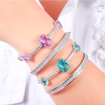 Bracelete Folheado Ródio com Cristal Retangular e Gota Violet Coleção CANDY COLORS