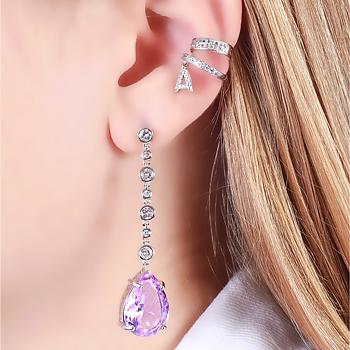 Brinco Zircônia Folheado Ródio com Gota Pendurada Cristal Violet
