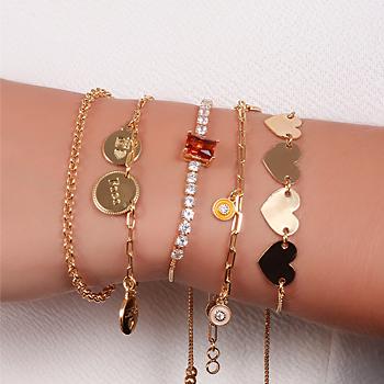 Pulseira Riviera Folheada Ouro 18K com Cristal Retangular Pink e Zircônia Cristal