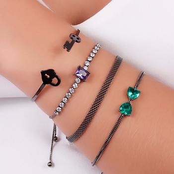 Pulseira Riviera Folheada Ródio Negro com Cristal Retangular Ametista e Zircônia Cristal
