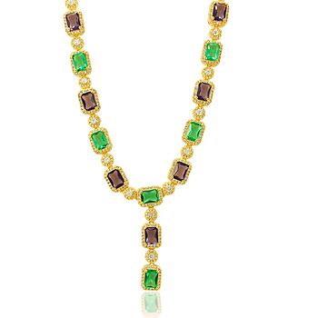 Colar Gravata Folheado Ouro 18K Retângulos com Cristais Coloridos e Micro Zircônia Cristal
