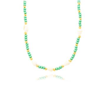 Colar Choker Folheado Ouro 18K Miçangas Turquesa e Pequenas Conchas