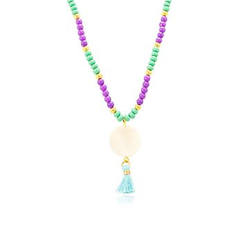 Colar Choker Folheado Ouro 18K Miçangas Turquesa e Roxa com Madre Pérola e Tessel Azul